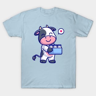 Cute Cow Bring Milk In Bucket Cartoon T-Shirt